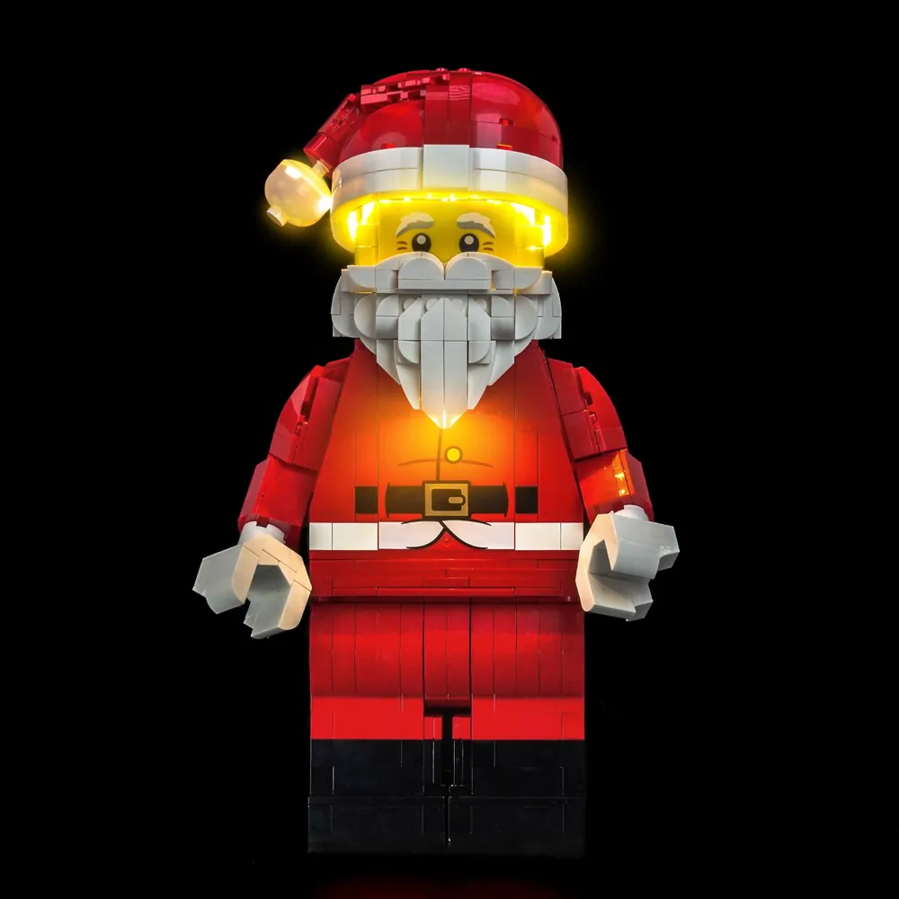 BrickBling LED kit for LEGO 40820 showing modular micro-wires and lit Santa minifigure