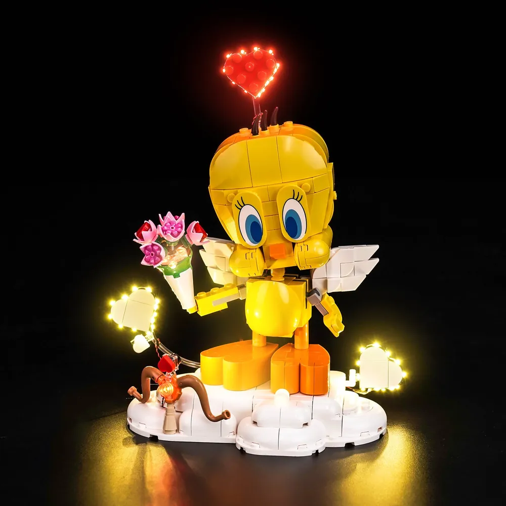 BrickBling LED kit lighting up the Sweetheart Tweety Bird LEGO set, focusing on the beak and heart.