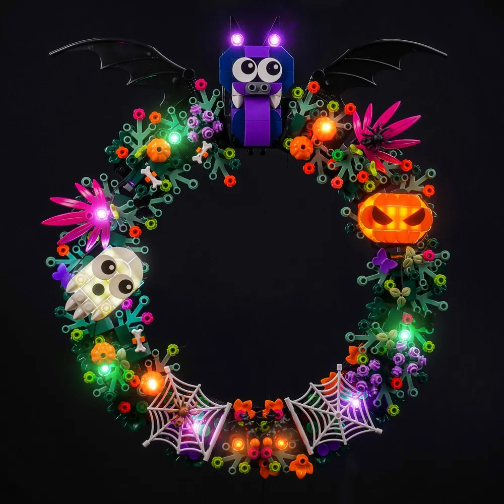 BrickBling LED lights on LEGO Halloween Wreath highlighting ghost and bat