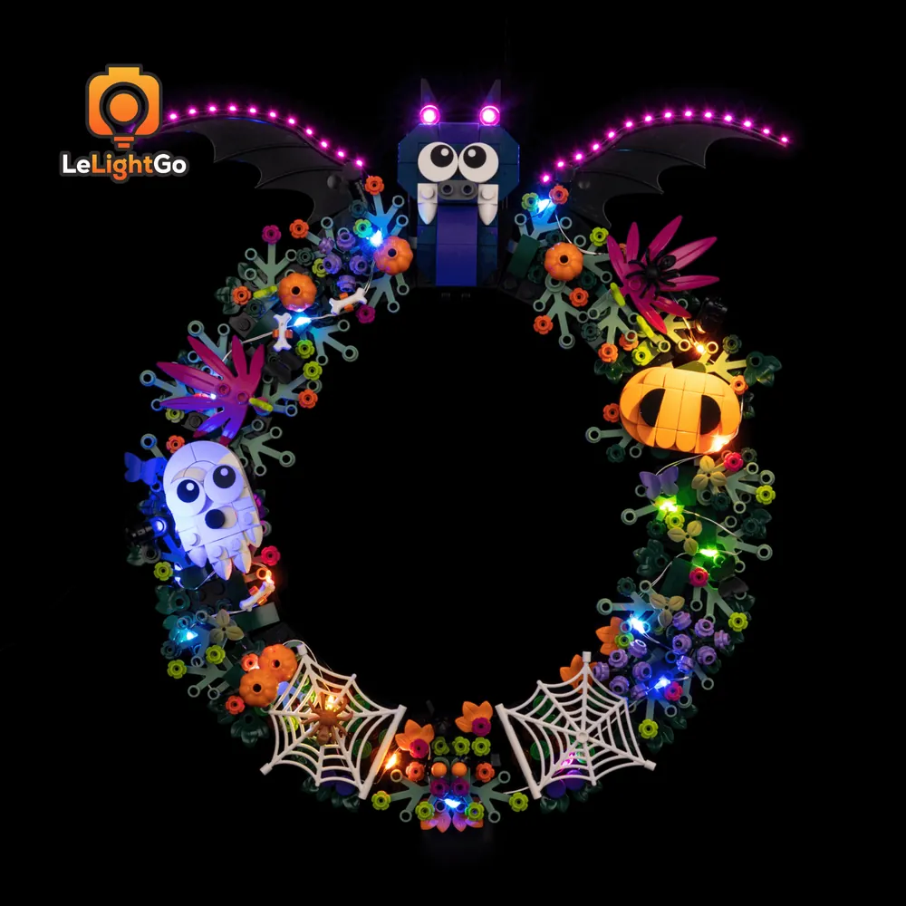 LeLightGo LED kit lighting up LEGO Halloween Wreath