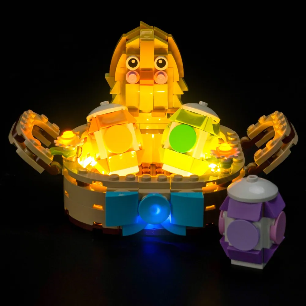 LEGO Easter Egg Basket 40863 illuminated by BrickBling LED kit on a shelf