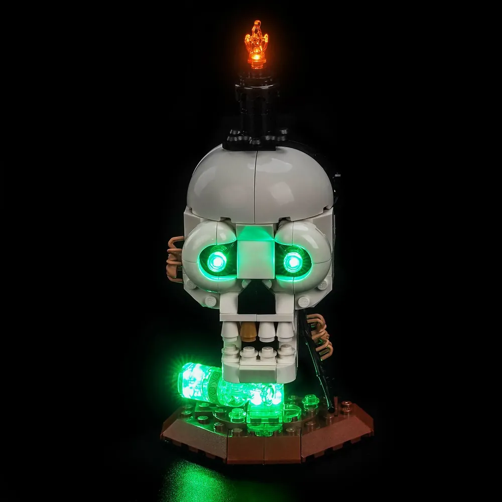 BrickBling LED kit for LEGO Halloween Skull Candle highlighting the glowing eyes and candle flame