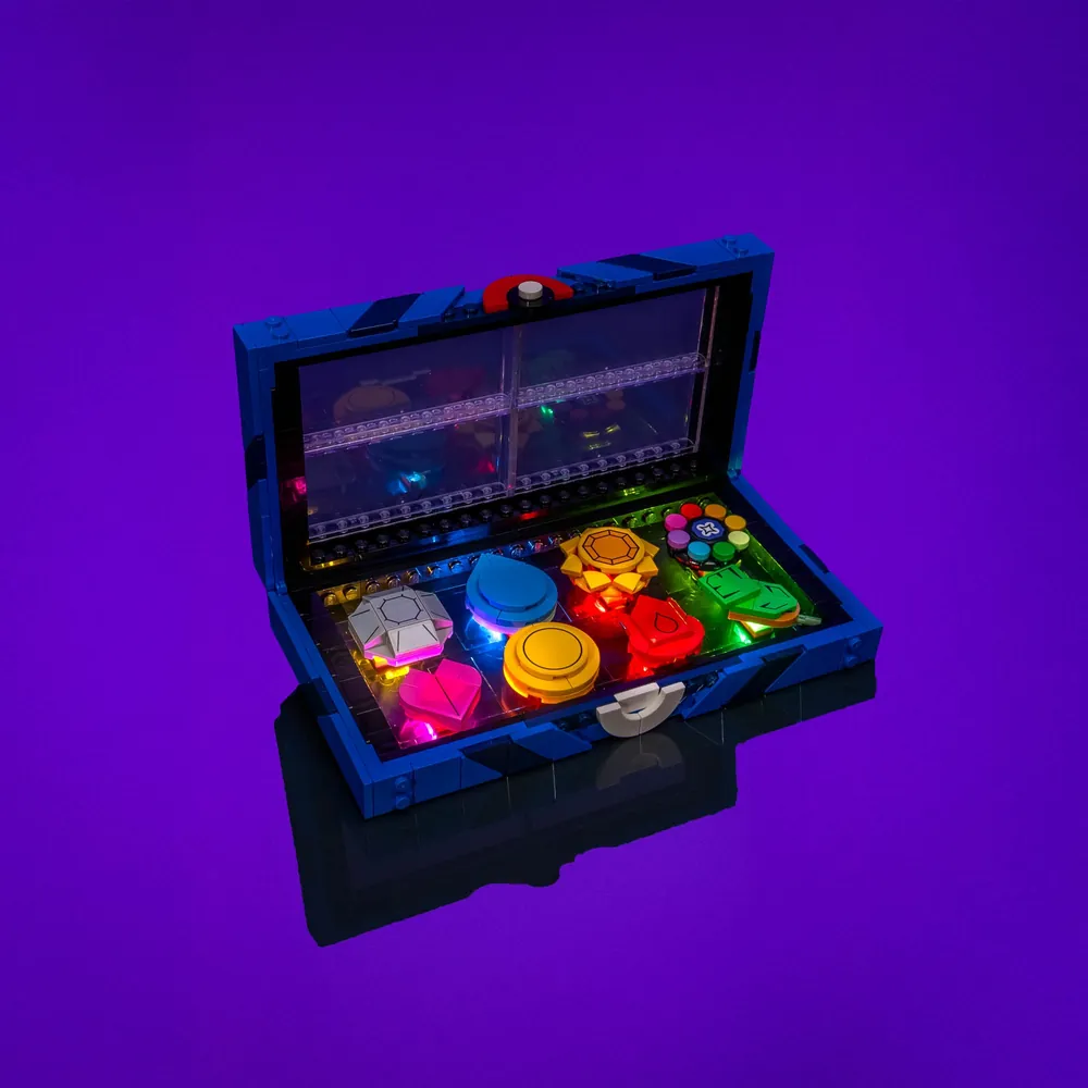 LightMyBricks LED display on shelf with Kanto Badges