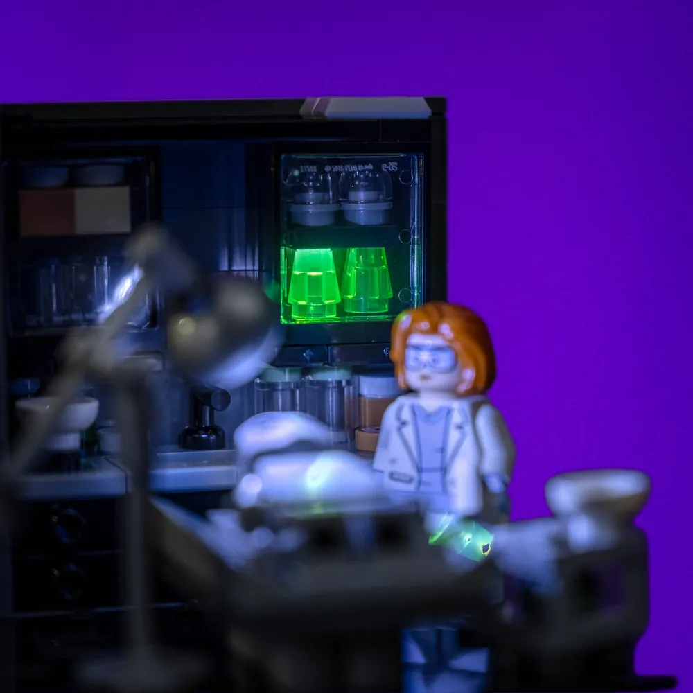The Scully's Lab set with LED lights highlighting the monitor and keyboard areas