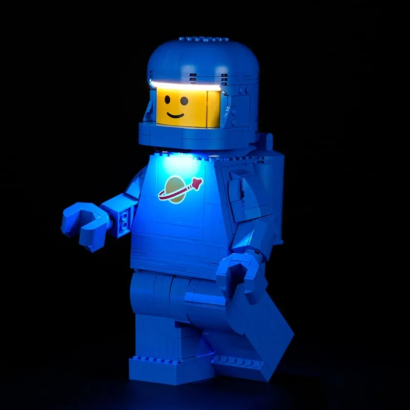 LEGO up-scaled blue astronaut minifigure 40921 with Lightailing LED kit lighting helmet and chest
