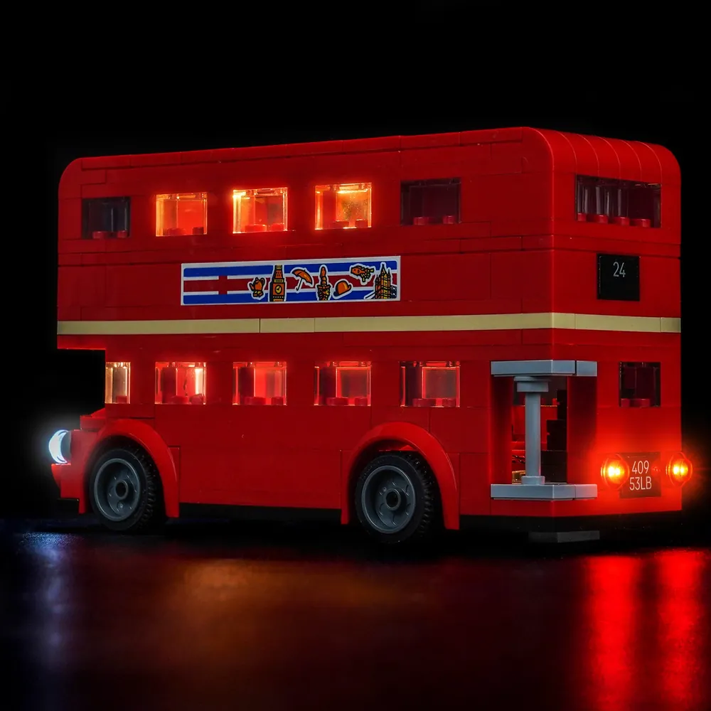 LEGO London Bus 40953 glowing on a desk with LED kit