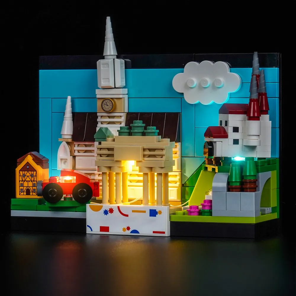 BrickBling LED kit for LEGO Germany Postcard 40954 highlighting the Brandenburg Gate and church