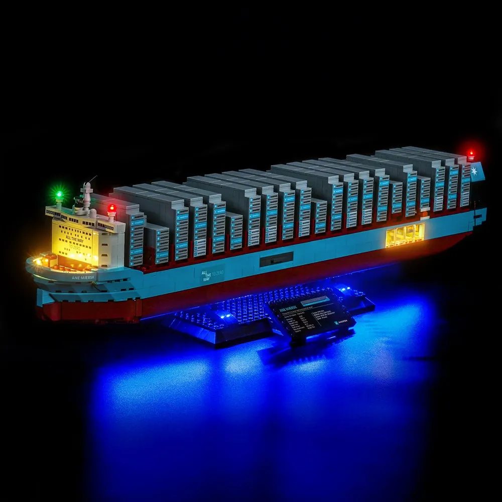 BrickBling modular micro LED kit lighting the deck and containers of LEGO Maersk Vessel 40955