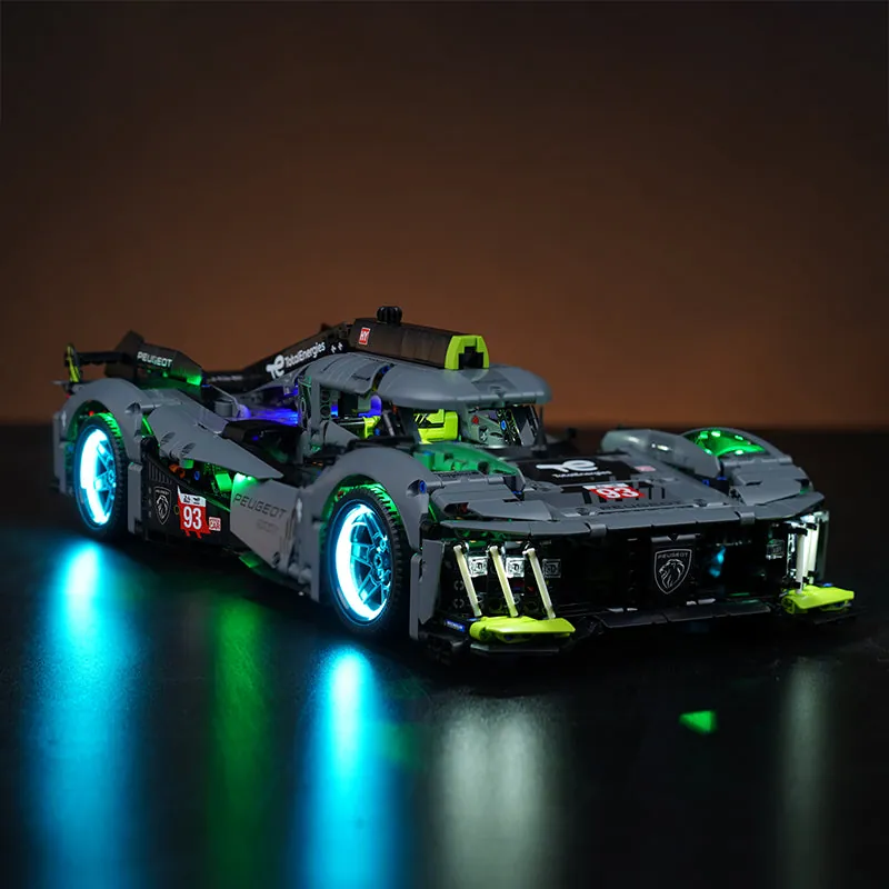 BrickBling LED kit for LEGO PEUGEOT 9X8 highlighting headlights and underglow