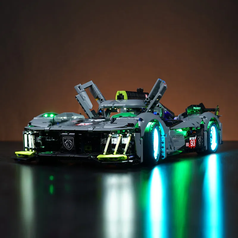 Close-up of BrickBling modular micro-LEDs on LEGO Peugeot 9X8
