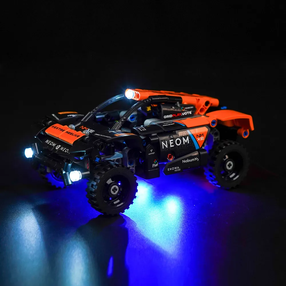 BrickBling LED kit lighting the engine and cockpit of LEGO NEOM McLaren Extreme E Race Car 42166