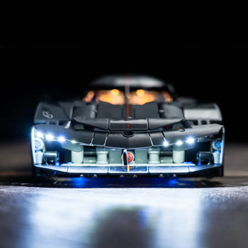 Close-up of BrickBling modular micro-LEDs placed in the engine bay of LEGO Jesko