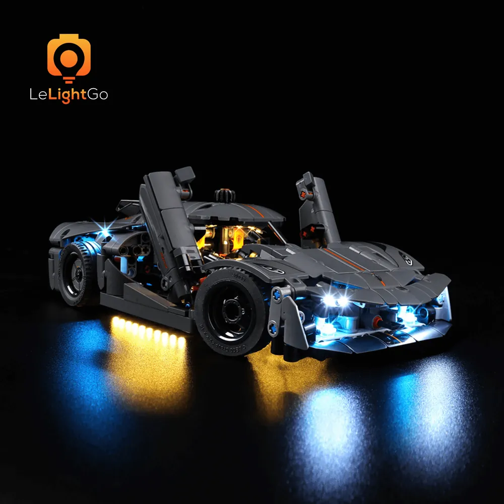 LeLightGo LED kit on LEGO Jesko with remote control in hand