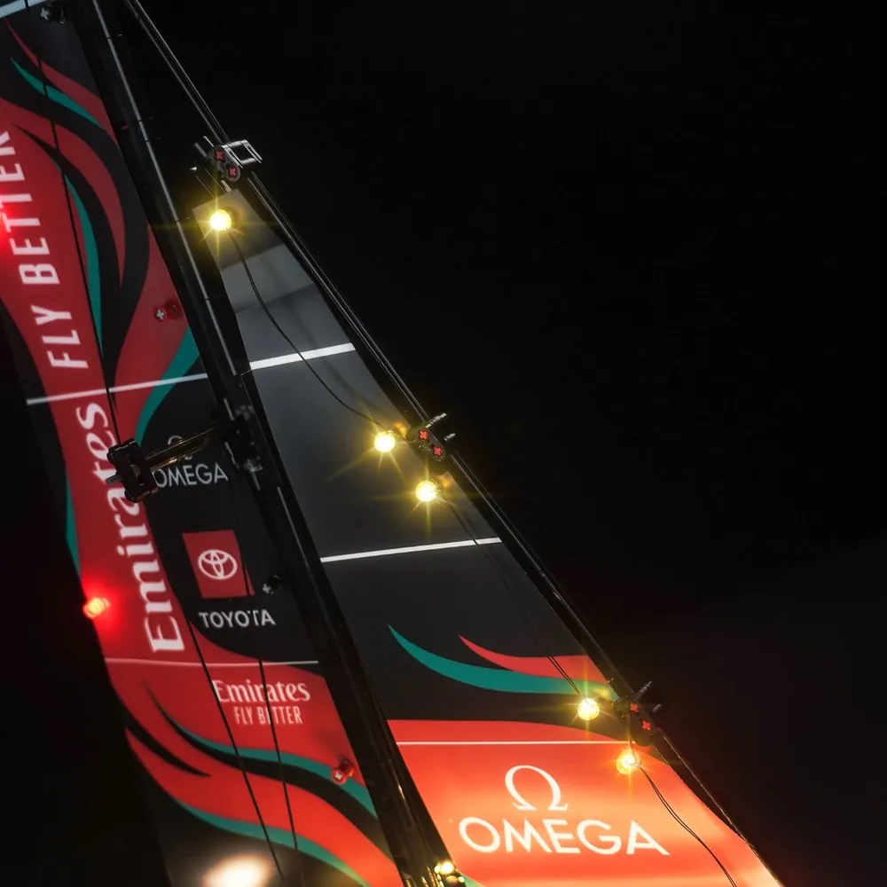 BrickBling LED kit illuminating the sails of the LEGO AC75 Yacht