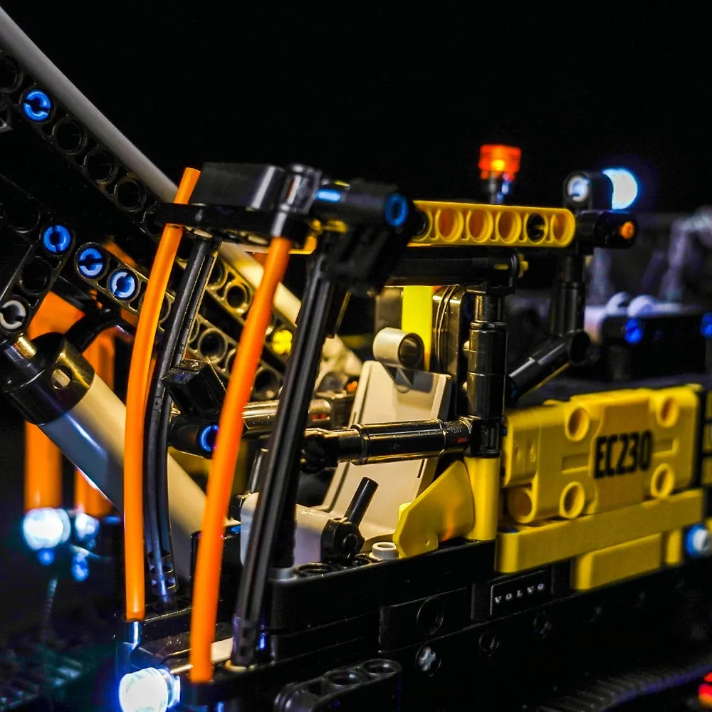 Close up of BrickBling light kit headlights and taillights on LEGO 42175 Volvo FMX Truck