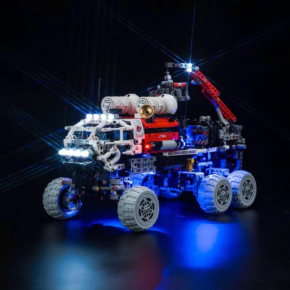 BrickBling LED lighting for LEGO Mars Crew Exploration Rover showing illuminated headlights and interior glow