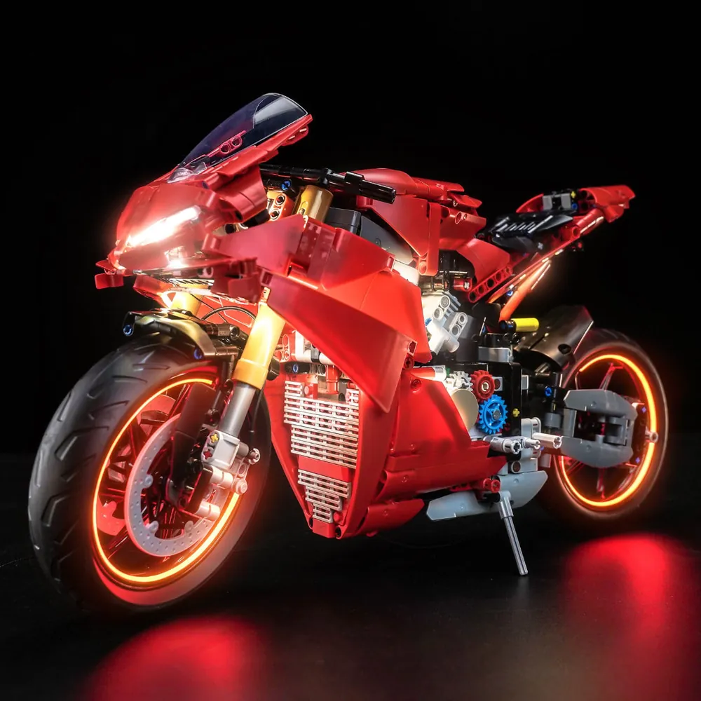 BrickBling LED kit illuminating the headlight of LEGO Ducati Panigale V4 S