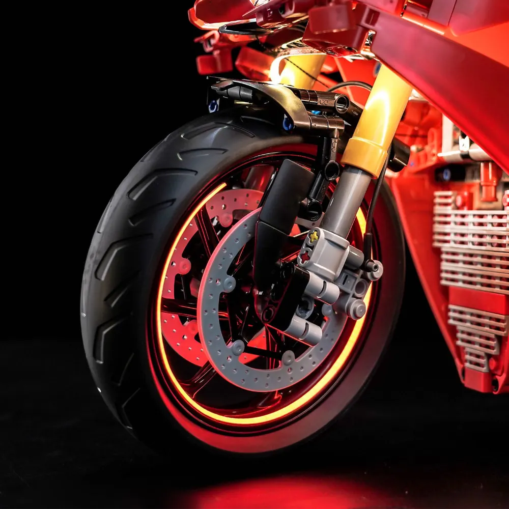 BrickBling light kit hidden within Technic frame of LEGO Ducati