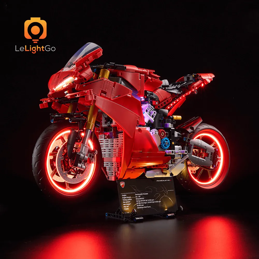 LeLightGo LED kit highlighting the engine and dashboard of LEGO Ducati Panigale V4 S
