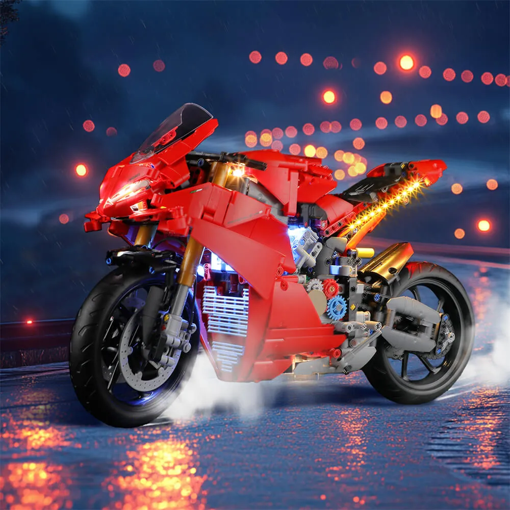Lightailing LED kit showing headlight and taillight on LEGO Ducati Panigale V4 S