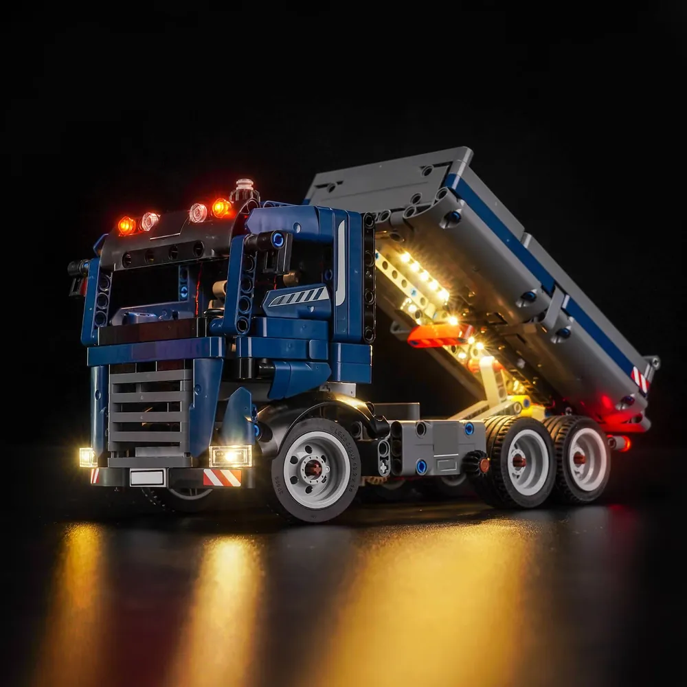 BrickBling LED light kit for LEGO Technic Tipping Dump Truck 42203 illuminating headlights and taillights