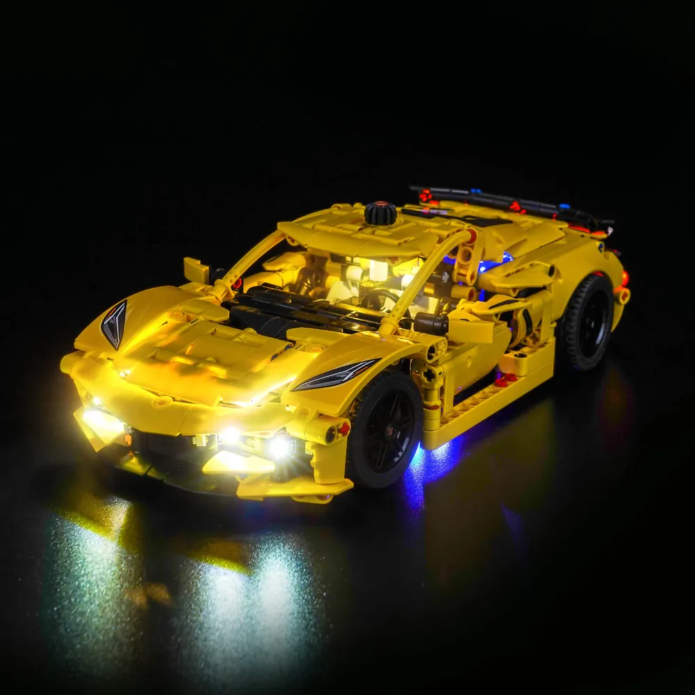 BrickBling LED kit for LEGO Technic Corvette Stingray 42205 illuminating headlights and engine bay