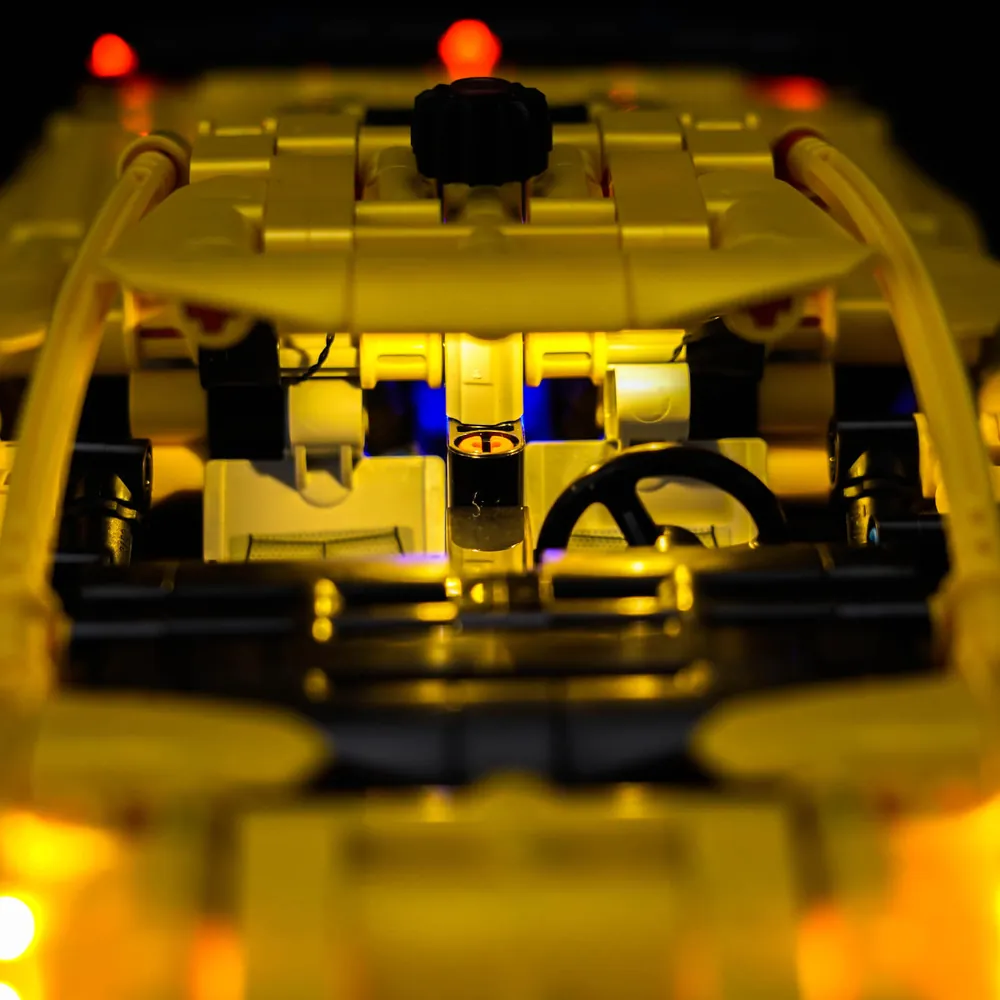 Close-up of BrickBling modular micro-LEDs on LEGO Corvette Technic model