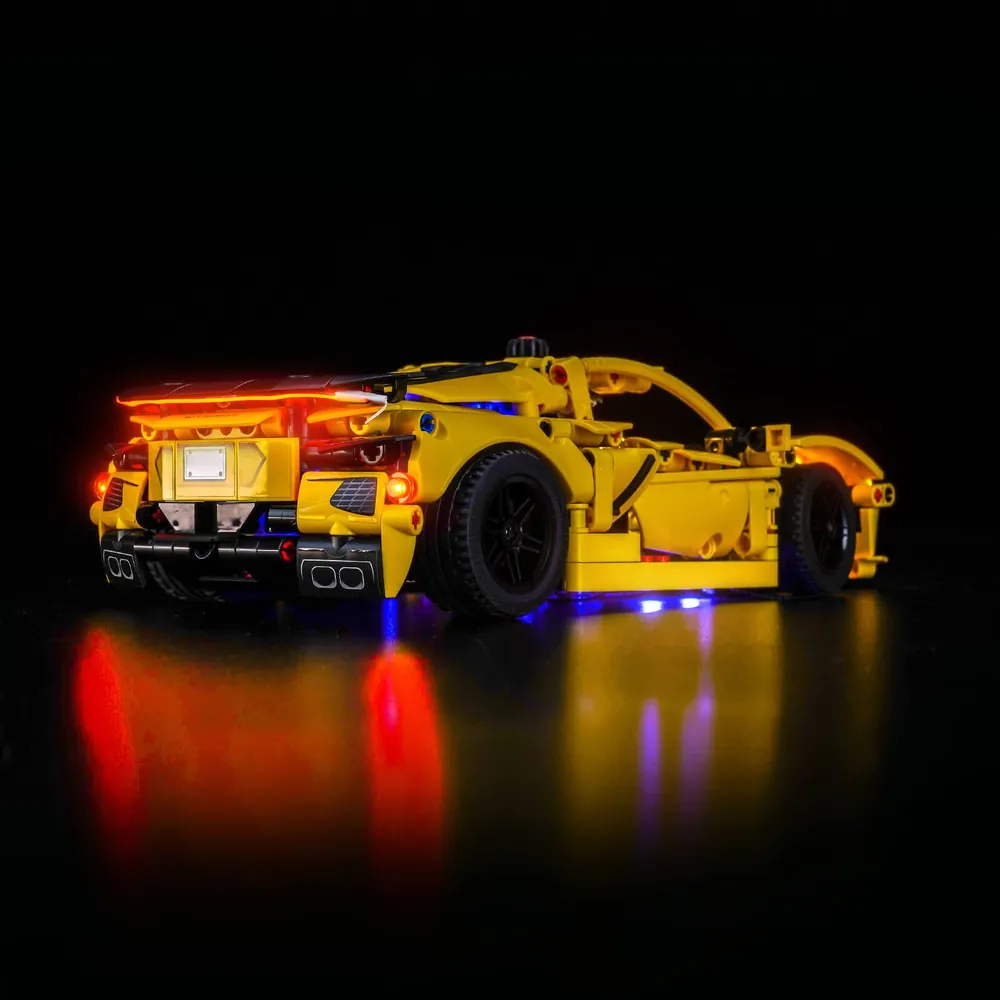 LEGO Technic Corvette with BrickBling lights in dark room