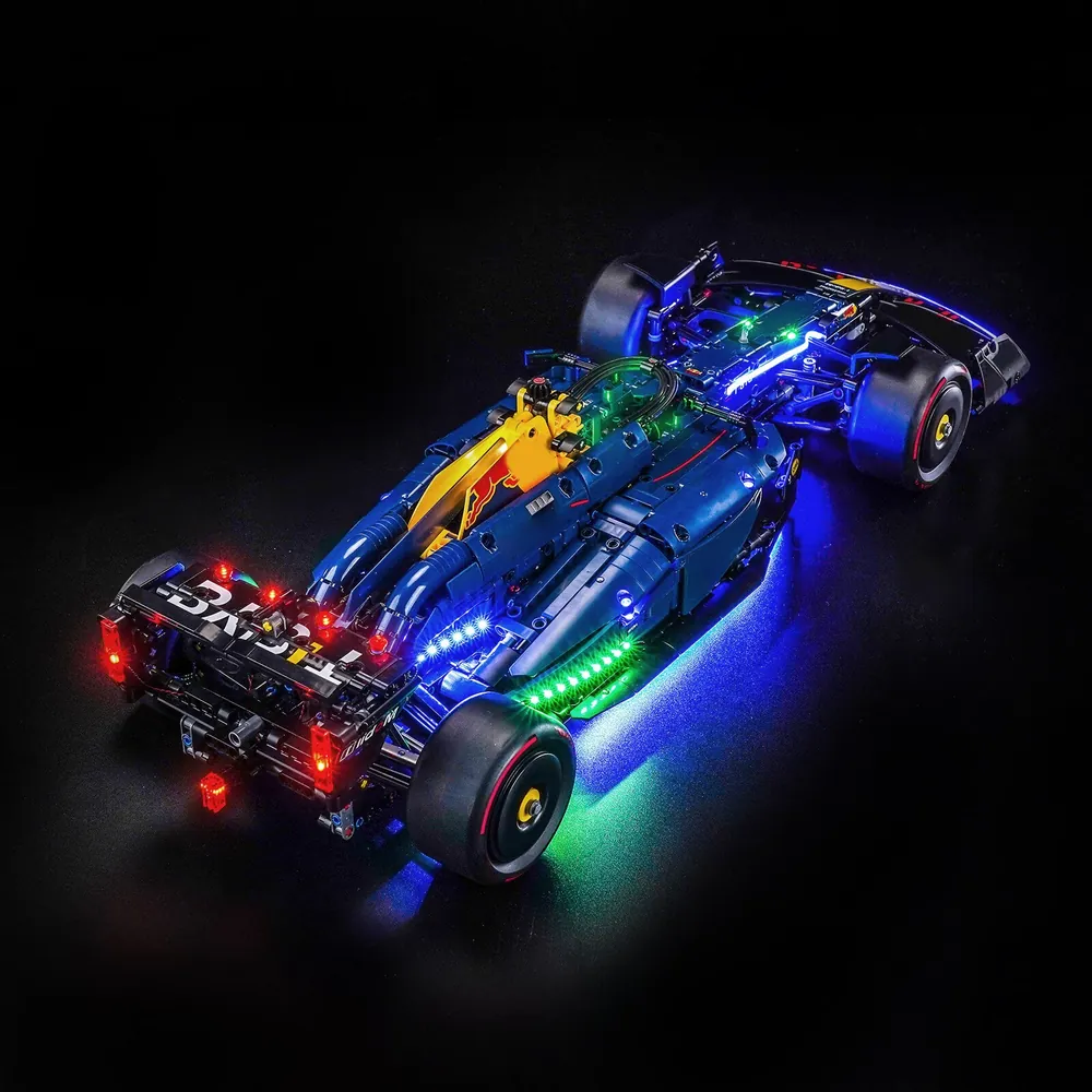 BrickBling micro-LEDs illuminating underbody of LEGO RB20 F1 car