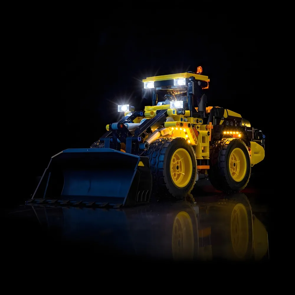 BrickBling light kit for LEGO Technic Volvo L120 Electric Wheel Loader, illuminating the cab and engine