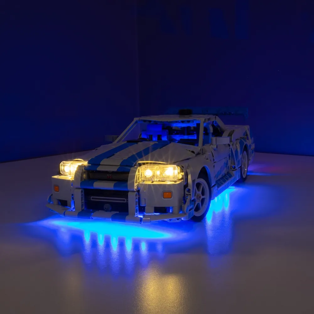 LightMyBricks LED bundle for LEGO R34 Skyline with dramatic lighting effects