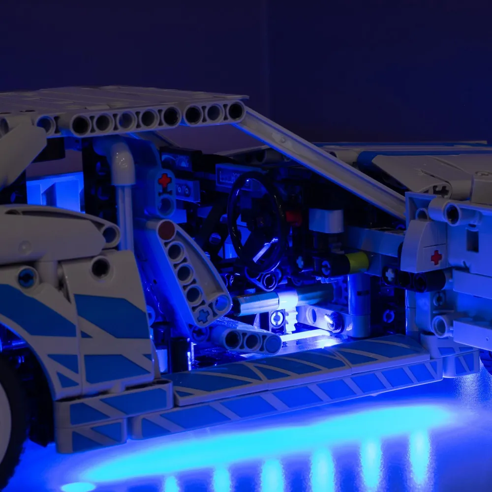 Close-up of LightMyBricks components for the LEGO R34 build