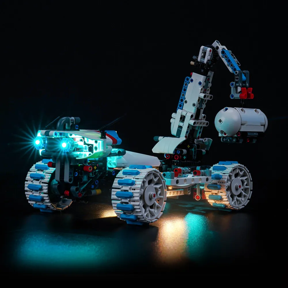 BrickBling LED kit for LEGO Technic Lunar Outpost 42211 illuminating the rover headlights
