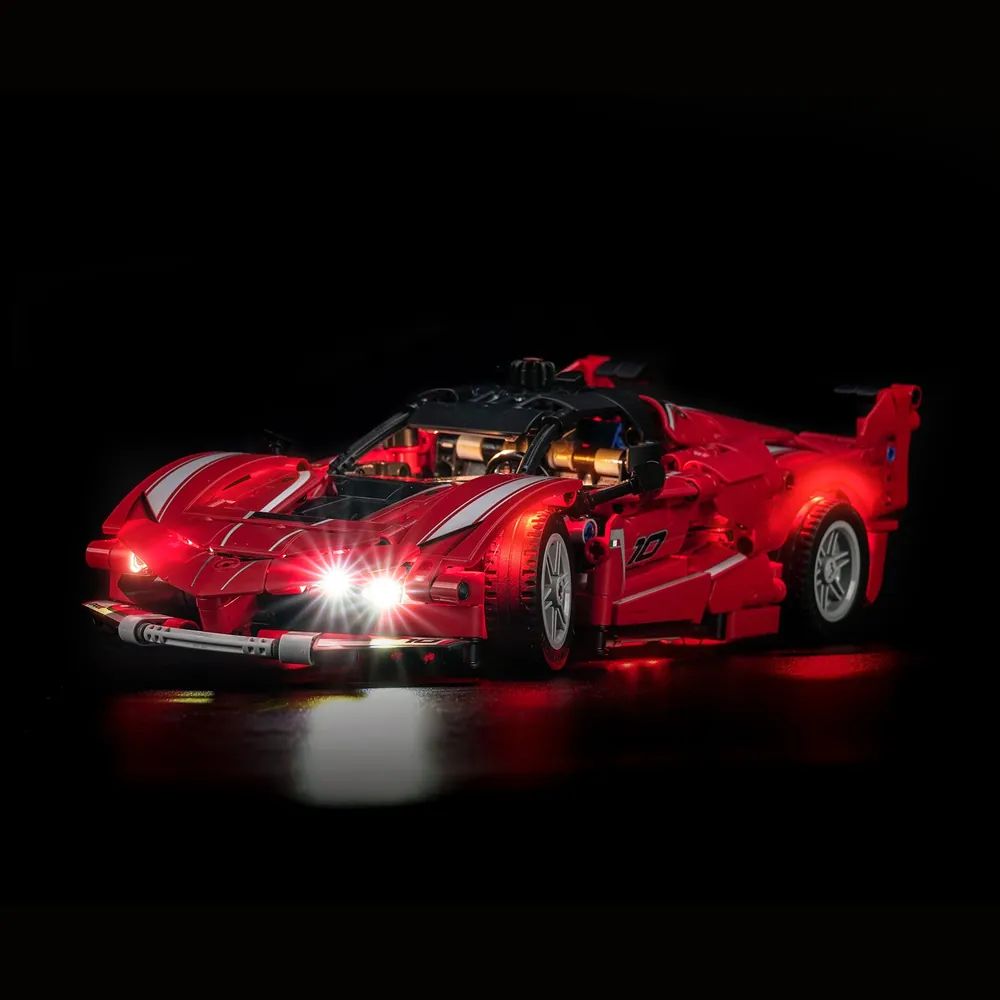 BrickBling LED kit for LEGO Technic Ferrari FXX K showcasing modular micro-LEDs and remote control option