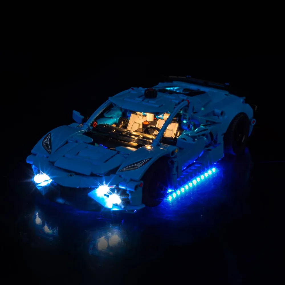 BrickBling light kit for LEGO Technic Corvette Stingray showing front headlights illuminated