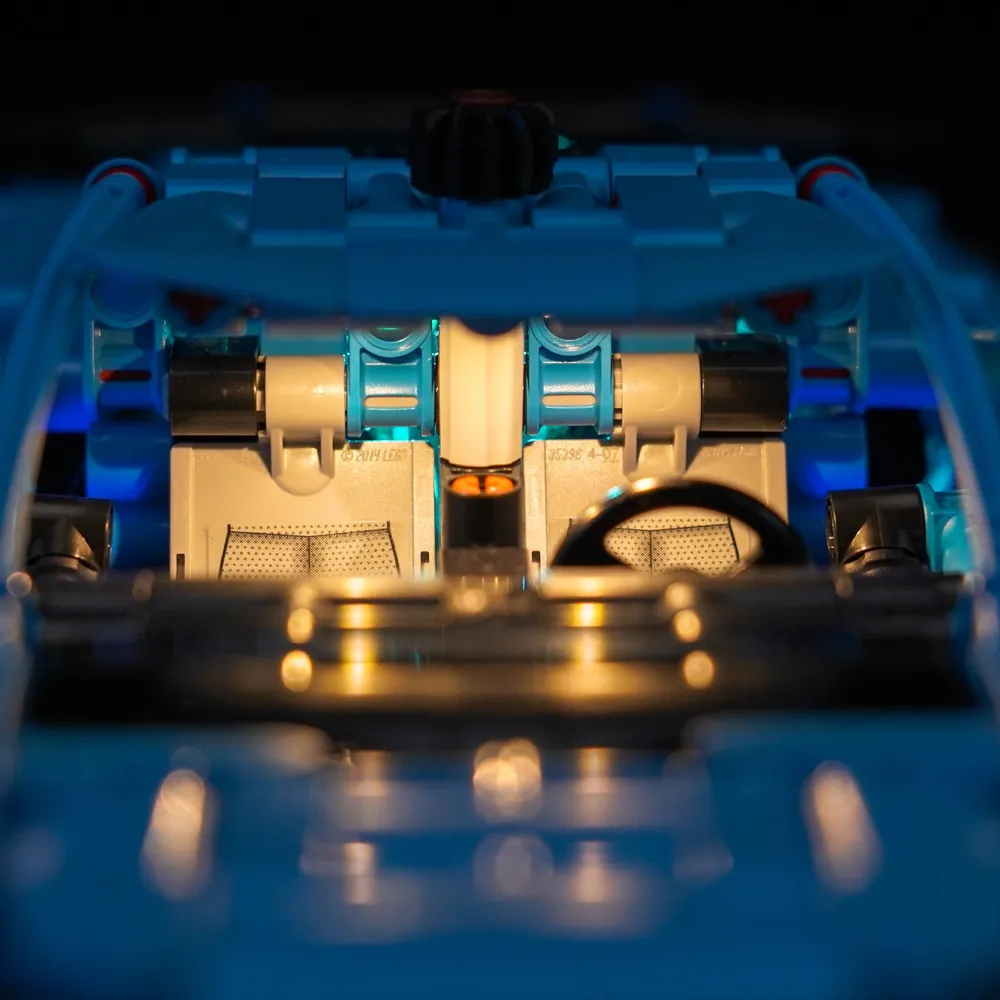 BrickBling light kit for LEGO Technic Corvette Stingray showing engine bay lights