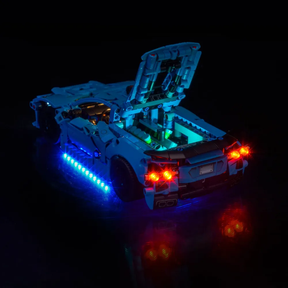 BrickBling light kit for LEGO Technic Corvette Stingray showing taillights glowing