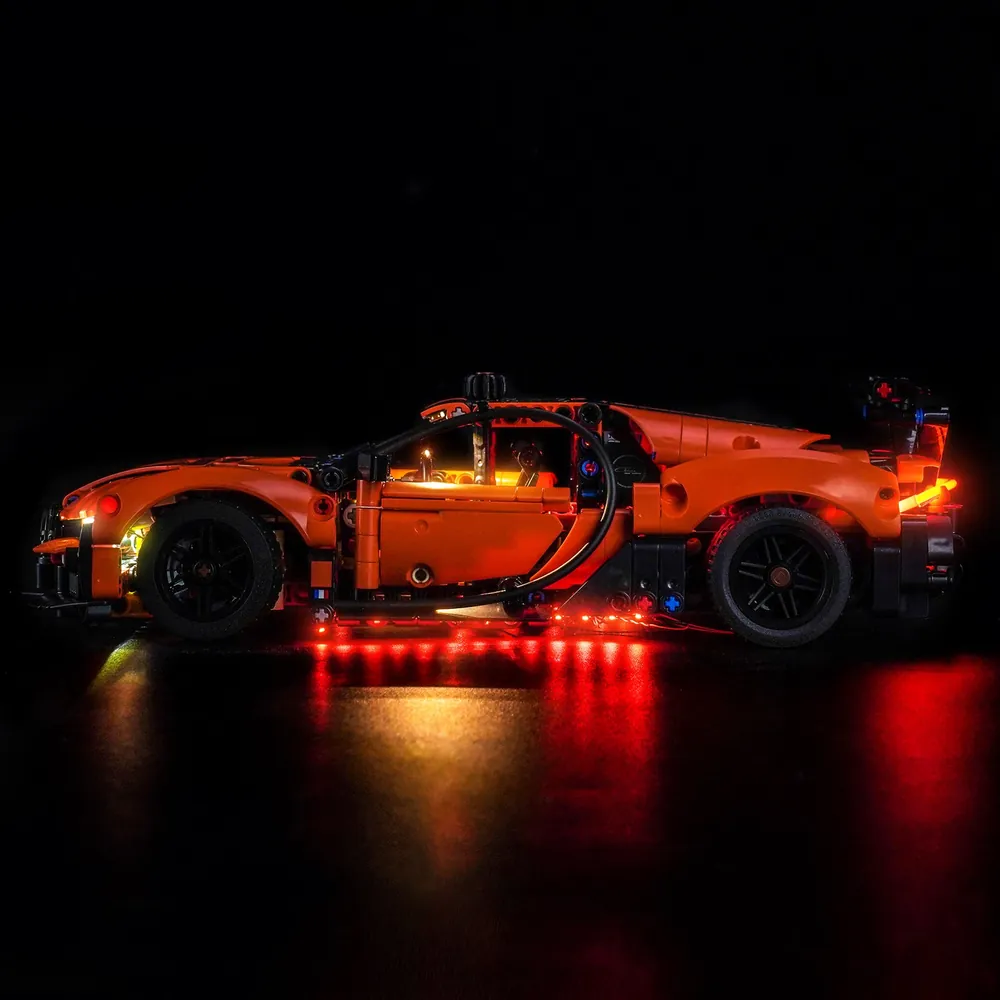 Remote-controlled BrickBling light setup for LEGO 42222 Bugatti Chiron in action