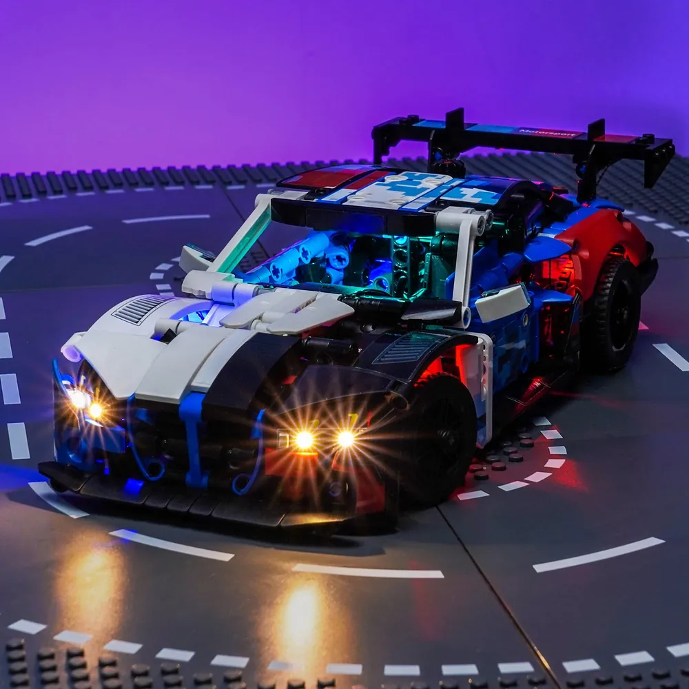 BrickBling LED kit for LEGO Technic BMW M4 GT3 EVO showing underglow and headlights