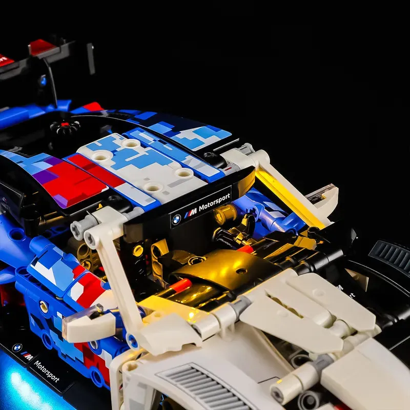 Close-up of Lightailing harness wiring in LEGO Technic BMW M4 GT3 EVO