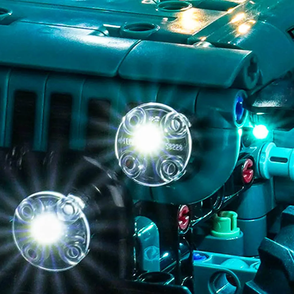 BrickBling modular micro-LEDs close-up on LEGO Jeep Rubicon
