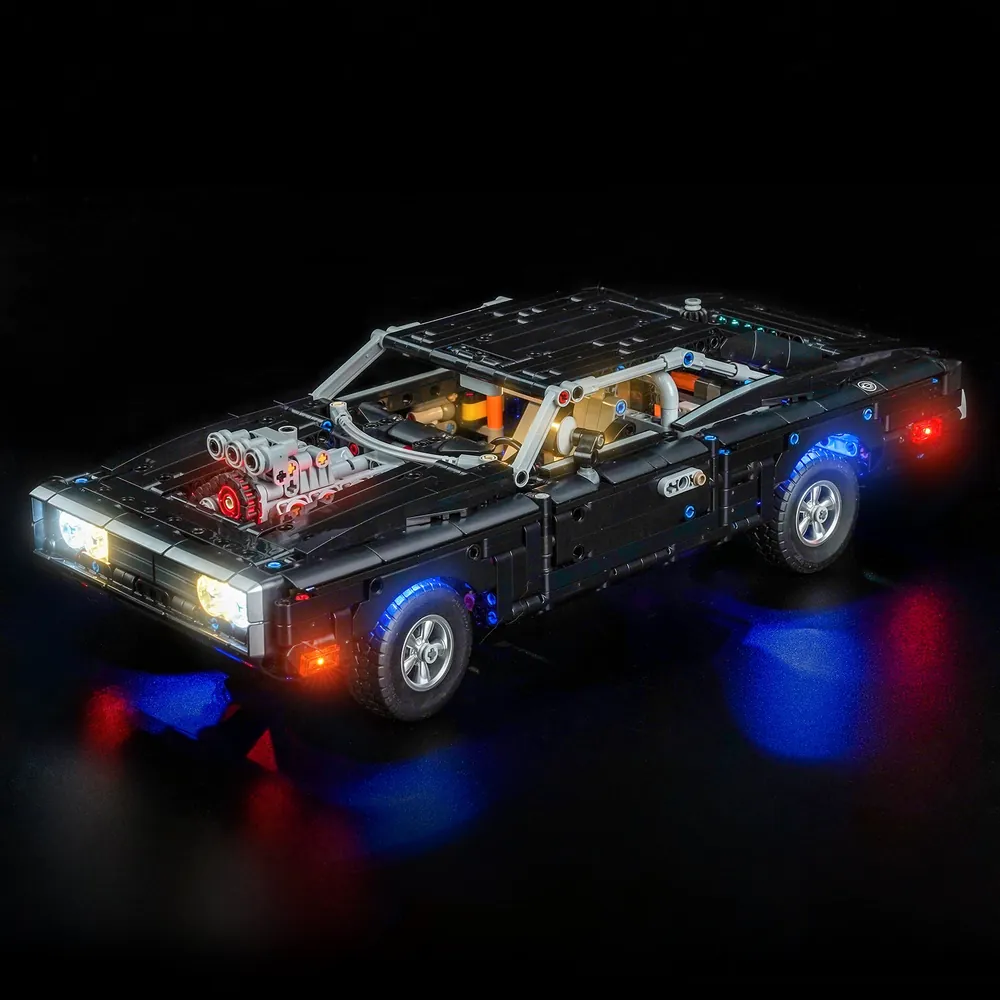 BrickBling LED kit for LEGO 42231 Dodge Charger R/T showing headlights and supercharger illuminated with modular micro-LEDs