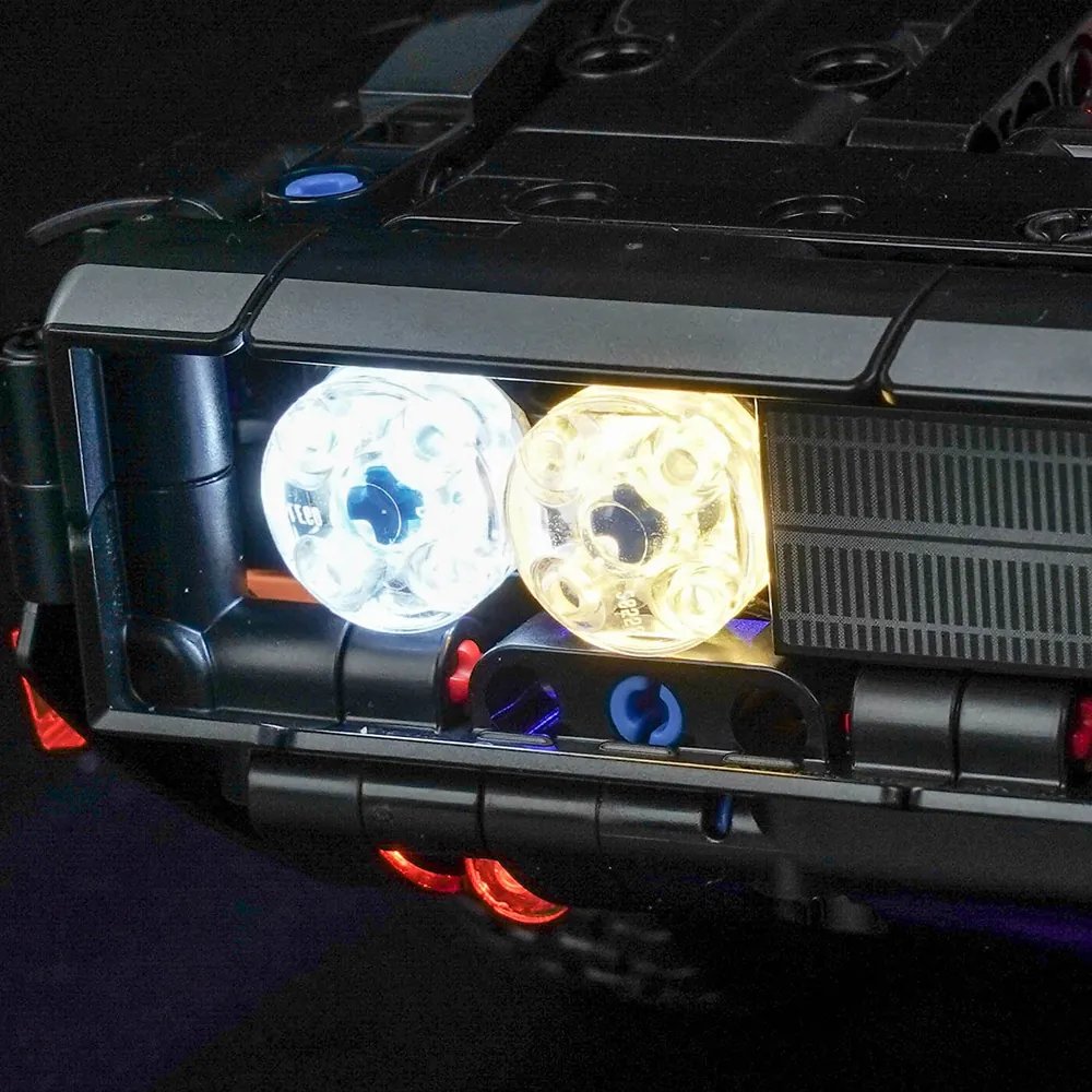 Close-up of BrickBling modular micro-LEDs on LEGO Fast and Furious Dodge Charger set 42231