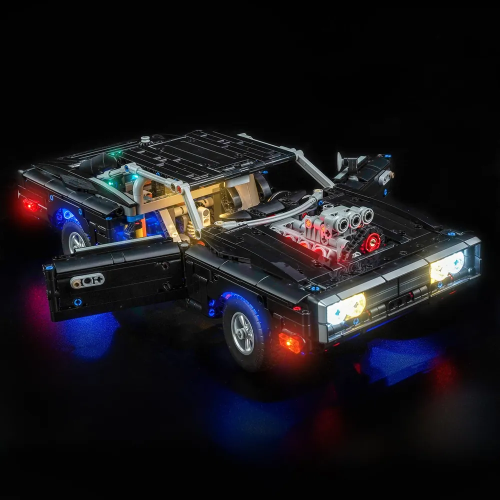 LEGO 42231 Charger with BrickBling remote control LED version, showcasing tail lights and engine bay lighting