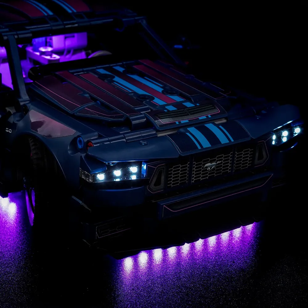 BrickBling LED installation on LEGO Mustang GT showing headlights and underglow