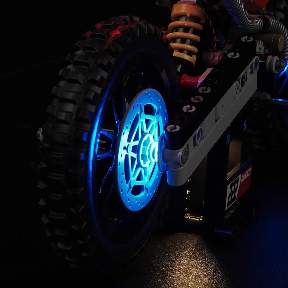 Close-up of BrickBling modular micro-LED wiring on Ducati Desmo450