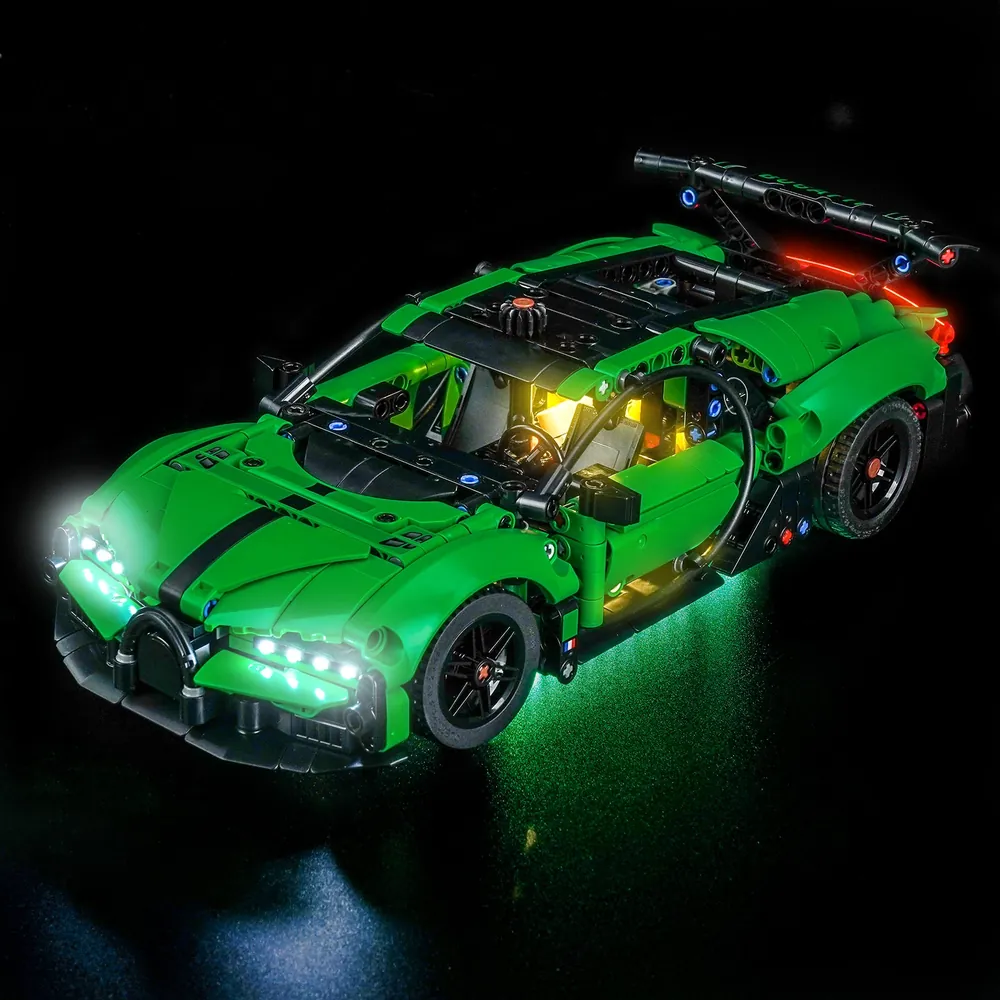 BrickBling LED lit LEGO Technic Green Bugatti Chiron Pur Sport 42241 front view showing glowing grille