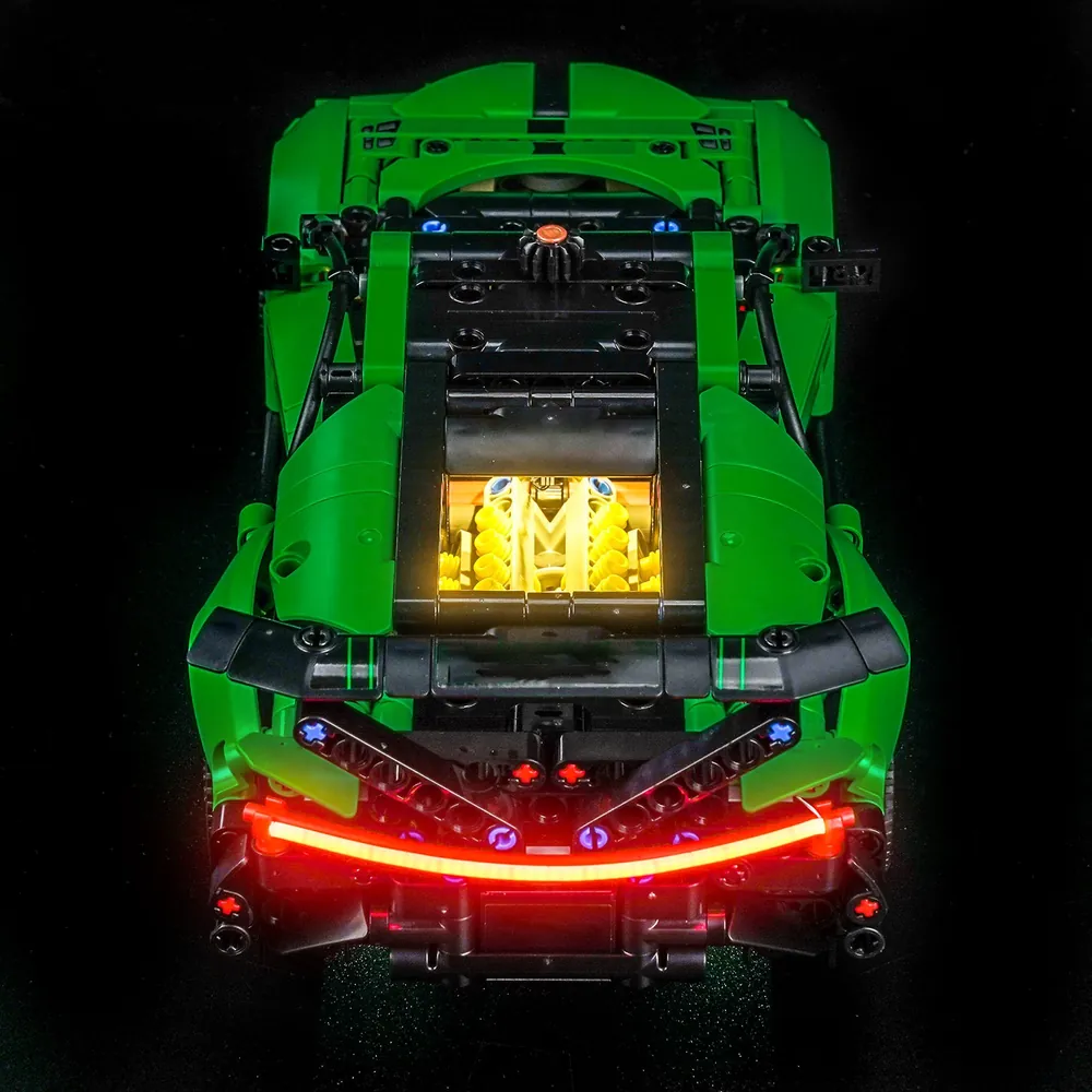 BrickBling LED lit LEGO Technic Green Bugatti Chiron Pur Sport 42241 rear view with illuminated diffuser and engine