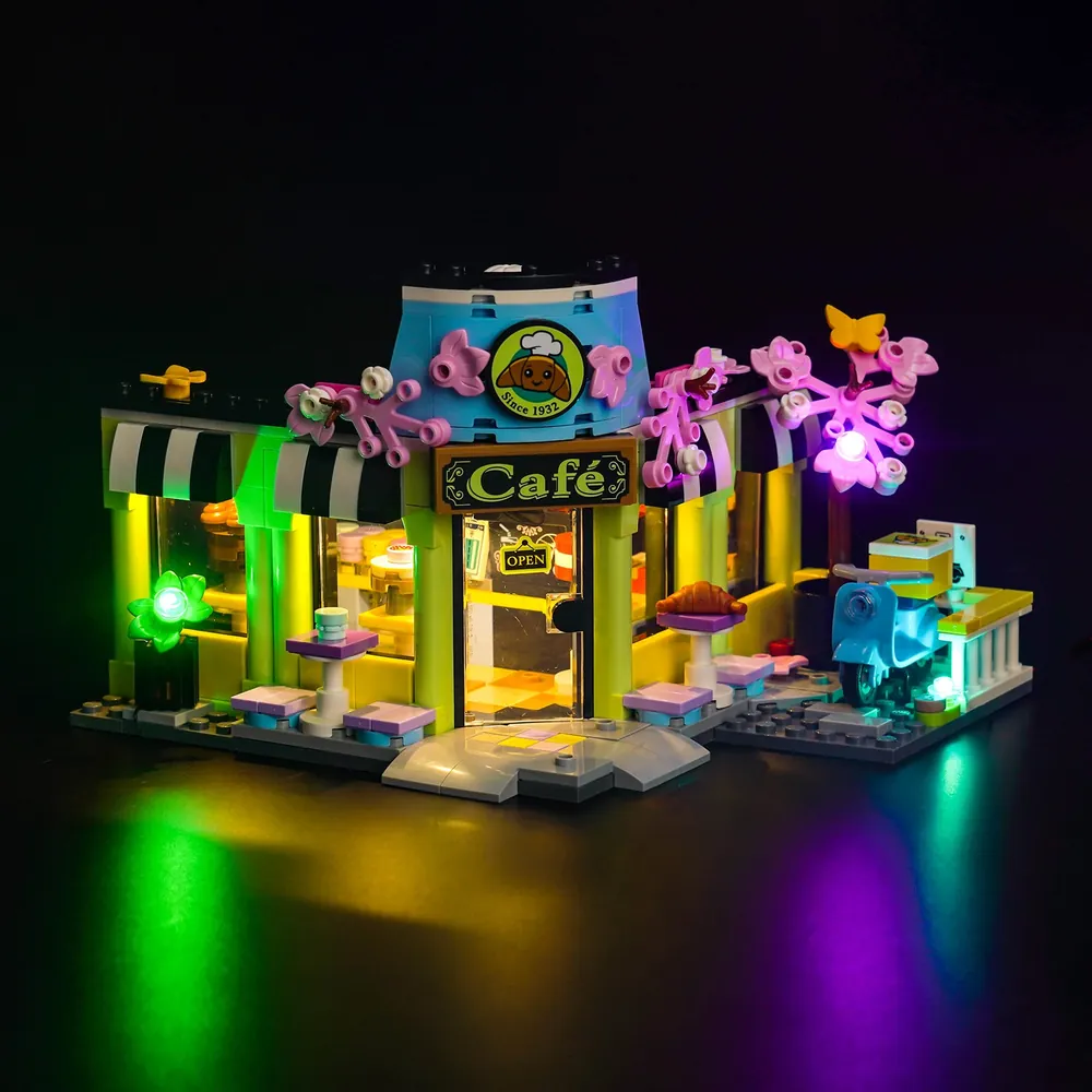 BrickBling LED kit illuminating the interior of LEGO Friends Heartlake City Café 42618