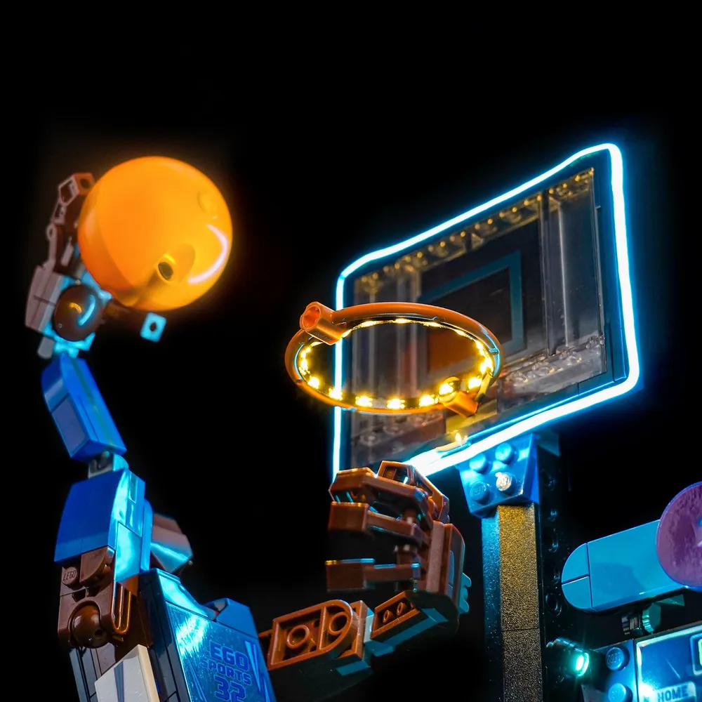 Close-up of BrickBling LEDs illuminating the basketball hoop
